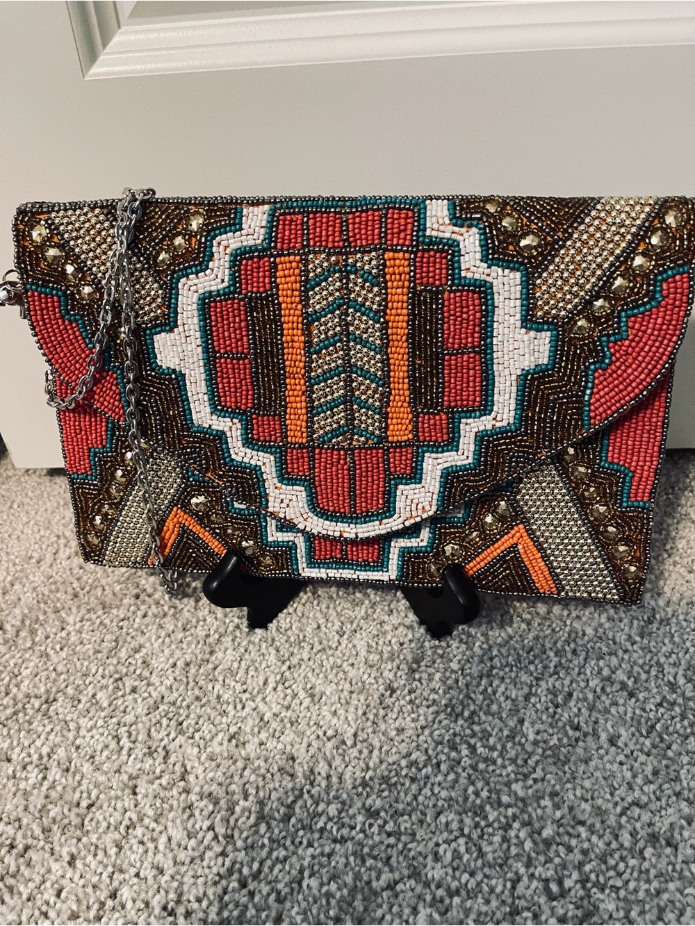 Embellished Geometric Bead Envelope Clutch - Grey, Black Orange